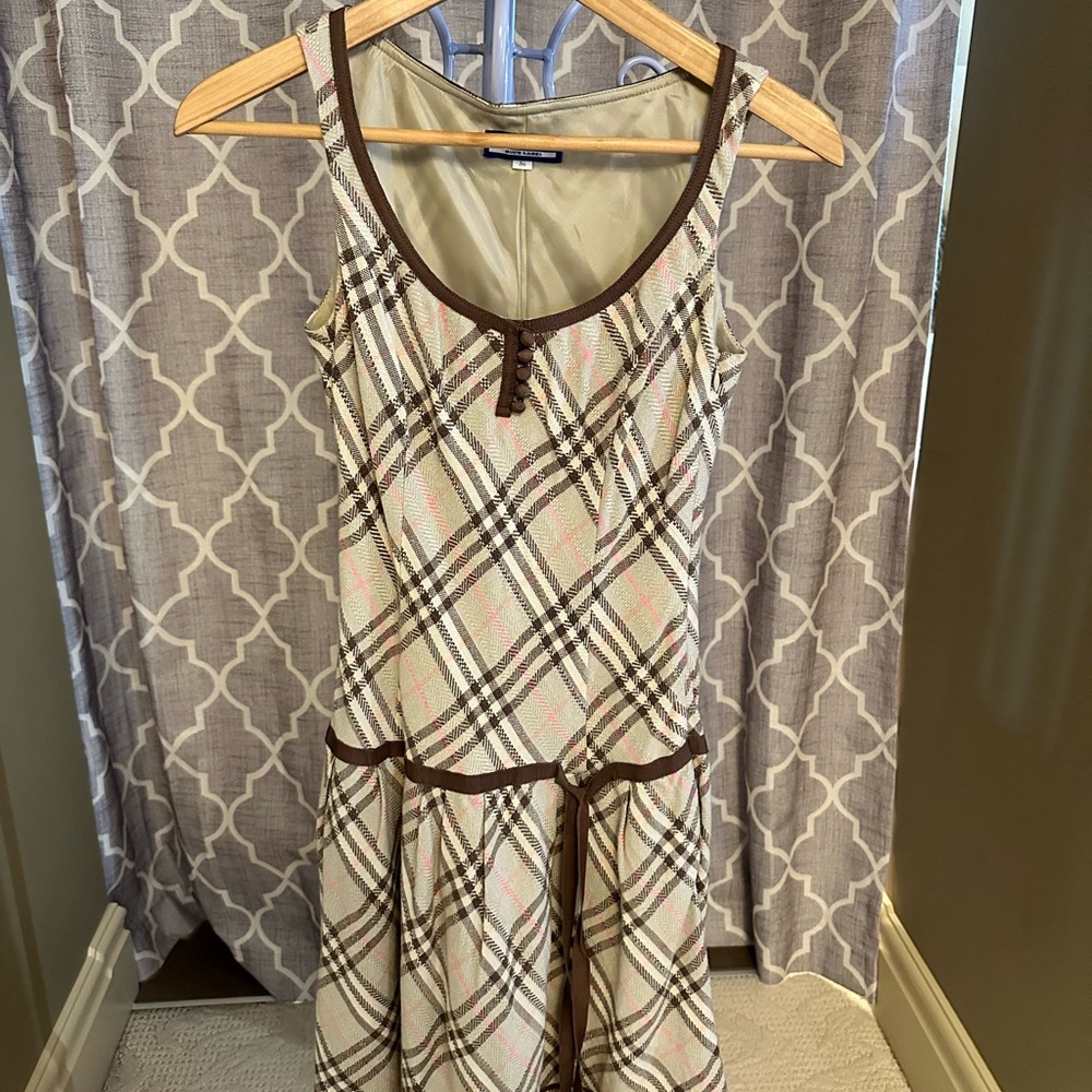 Burberry Beige Plaid Midi Dress with Brown Trim